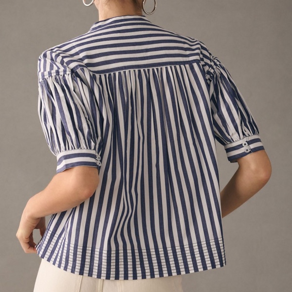 Anthropologie Darcey Striped Navy and White Women's Band-Collar Top - Picture 2 of 4